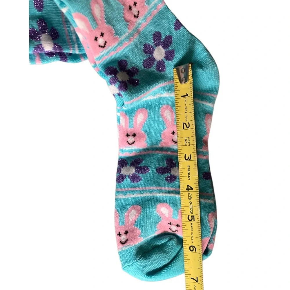 TEAL & PINK Knee high bunny socks w/purple glitter flowers, NWT